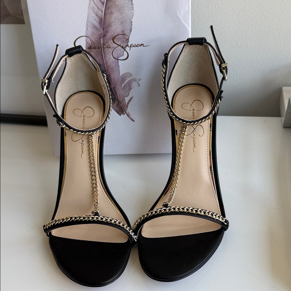 Jessica Simpson Qiven T-strap Black and Gold Chain Sandals